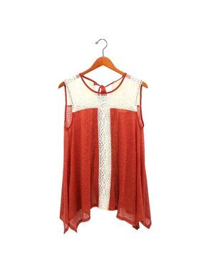 NWT Ryu Burnt Orange & Ivory Lace Asymmetrical Hem Boho Tank Tunic Top L